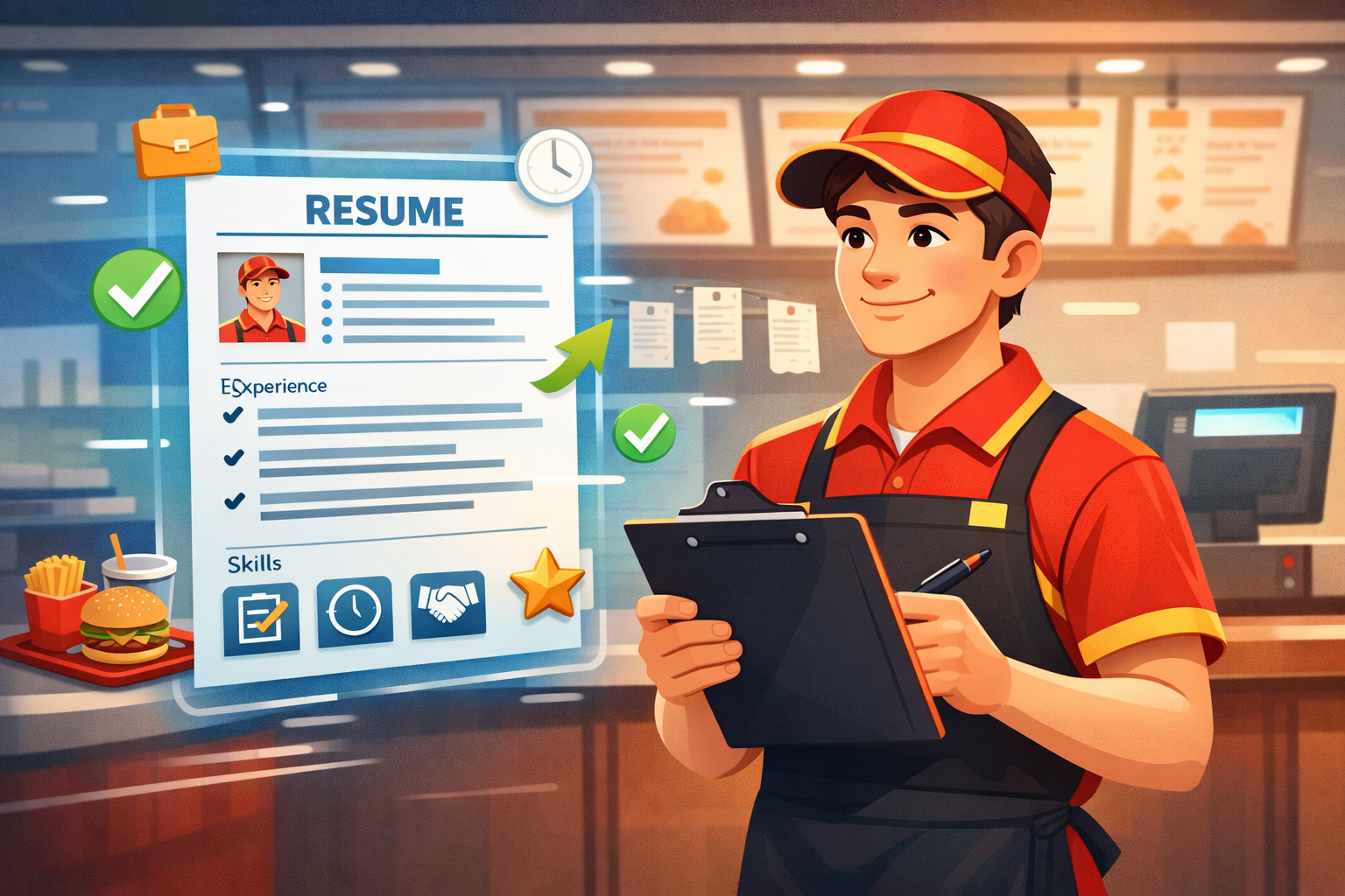 Fast Food Worker Resume Examples illustrated through an animated fast food employee reviewing a digital resume in a restaurant setting