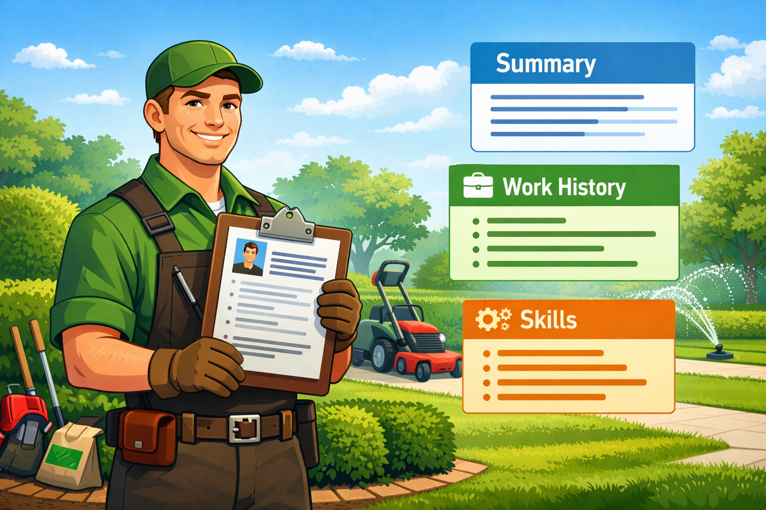 Groundskeeper Resume Example with animated illustration showing a professional groundskeeper holding a resume in a landscaped outdoor setting