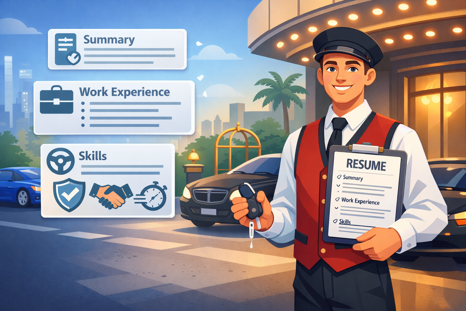 Valet Resume Examples showing a professional valet holding a resume at a luxury hotel entrance with cars and service icons