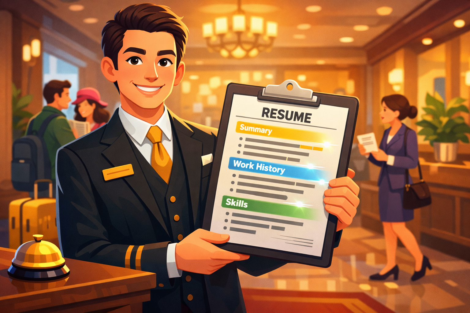 Concierge Resume Examples illustrated through an animated hotel concierge holding a resume that highlights summary, work history, and skills.