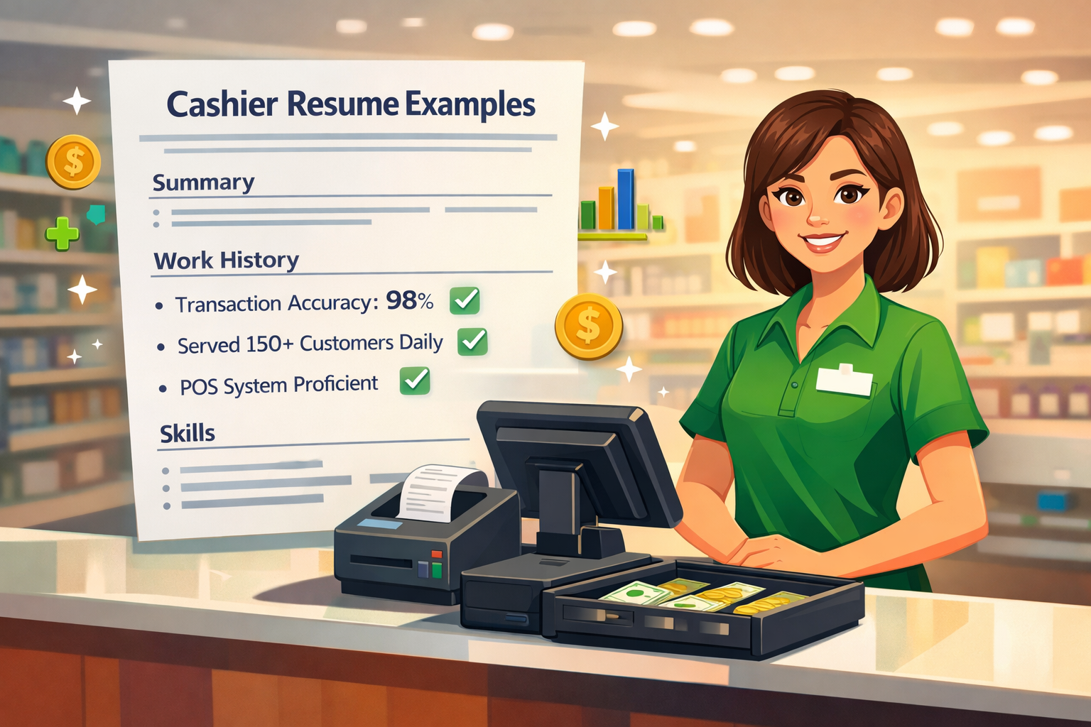 Cashier Resume Examples illustration showing a professional cashier at a POS counter with a resume highlighting skills, work history, and transaction accuracy