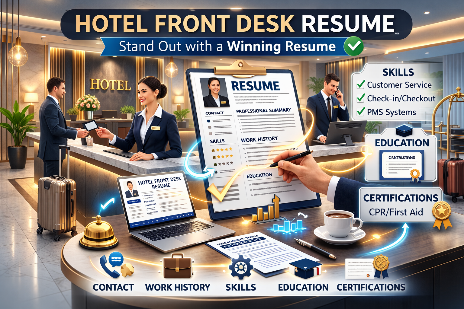 Hotel Front Desk Resume illustrated in an animated hotel lobby scene showing front desk staff, resume sections, and professional hospitality skills
