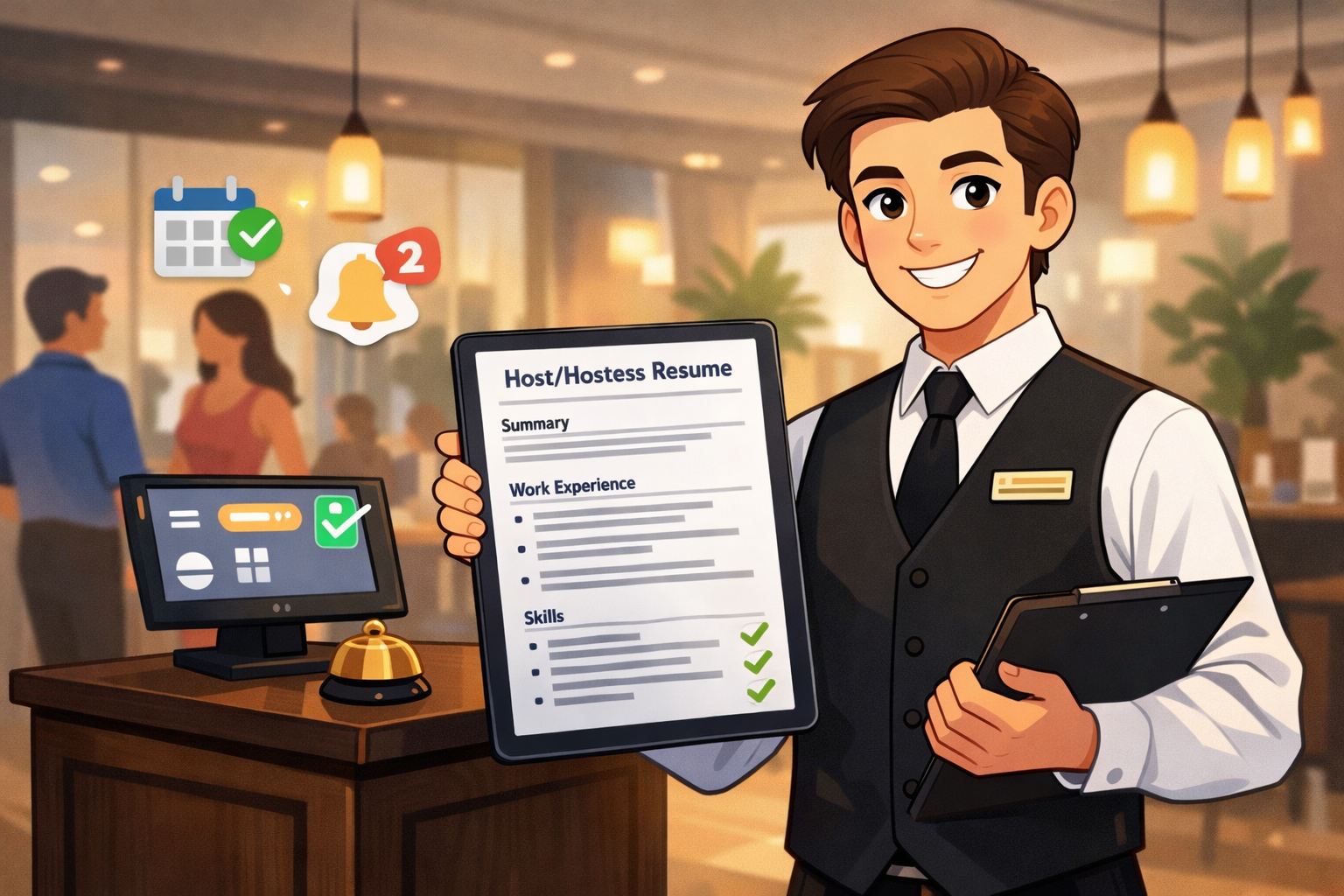 Host/Hostess Resume Examples showing an animated restaurant host holding a professional resume at a host stand in a dining setting