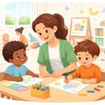 Minimalist landscape illustration of a daycare teacher helping two young children with drawing activities at a small classroom table
