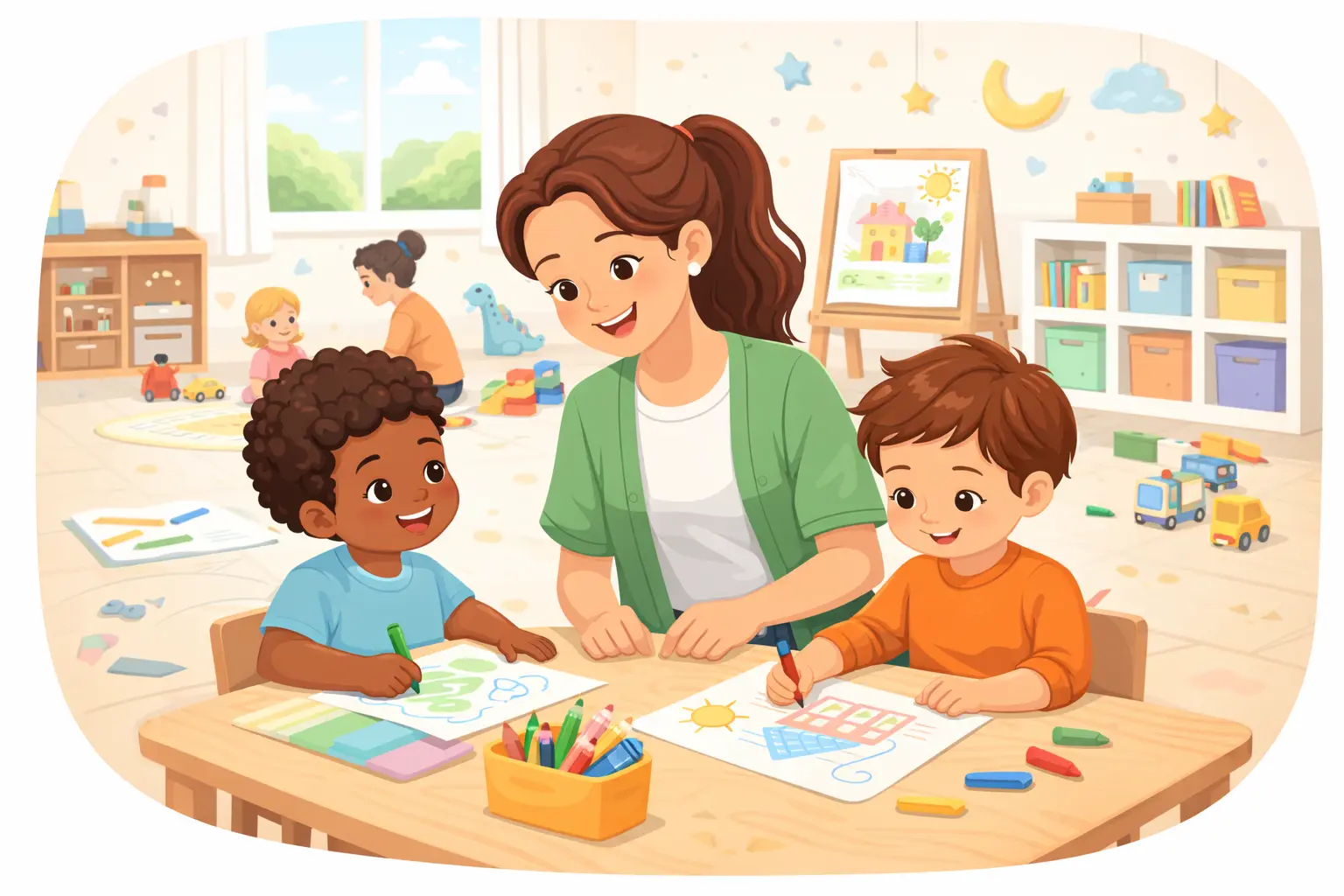 Minimalist landscape illustration of a daycare teacher helping two young children with drawing activities at a small classroom table
