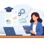 Minimalist landscape illustration of an education consultant reviewing documents at a desk with charts and curriculum symbols in the background