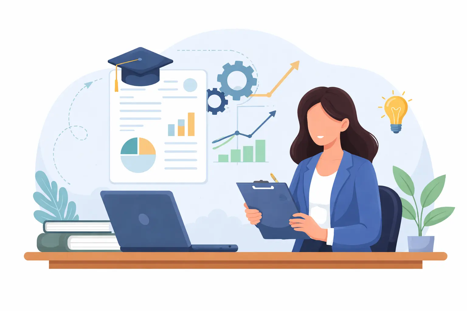 Minimalist landscape illustration of an education consultant reviewing documents at a desk with charts and curriculum symbols in the background