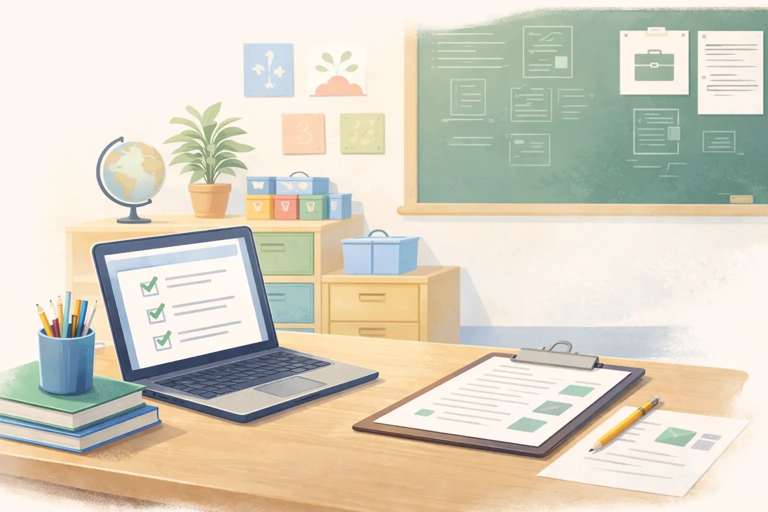 Minimal flat illustration of a teacher workspace with laptop, clipboard, books, and classroom board in soft editorial style
