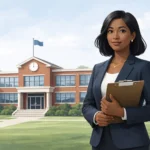 Professional school principal standing outside a modern school building in a clean, minimal editorial style illustration