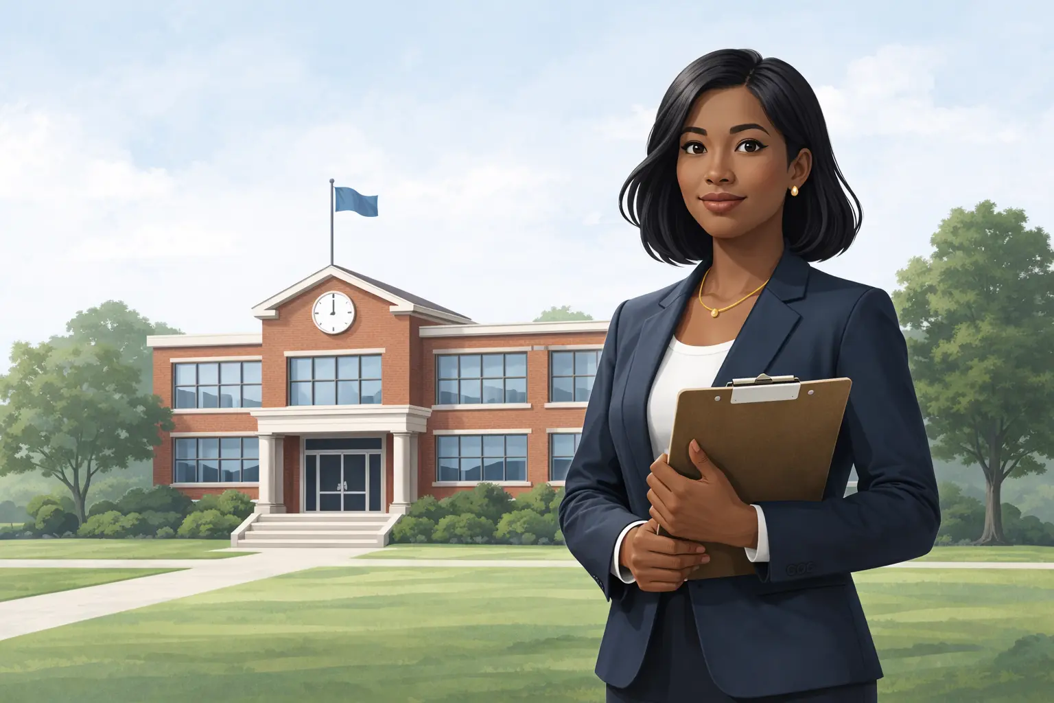 Professional school principal standing outside a modern school building in a clean, minimal editorial style illustration