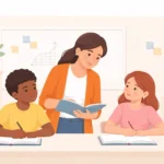 Teaching assistant helping two students with classwork in a modern classroom setting