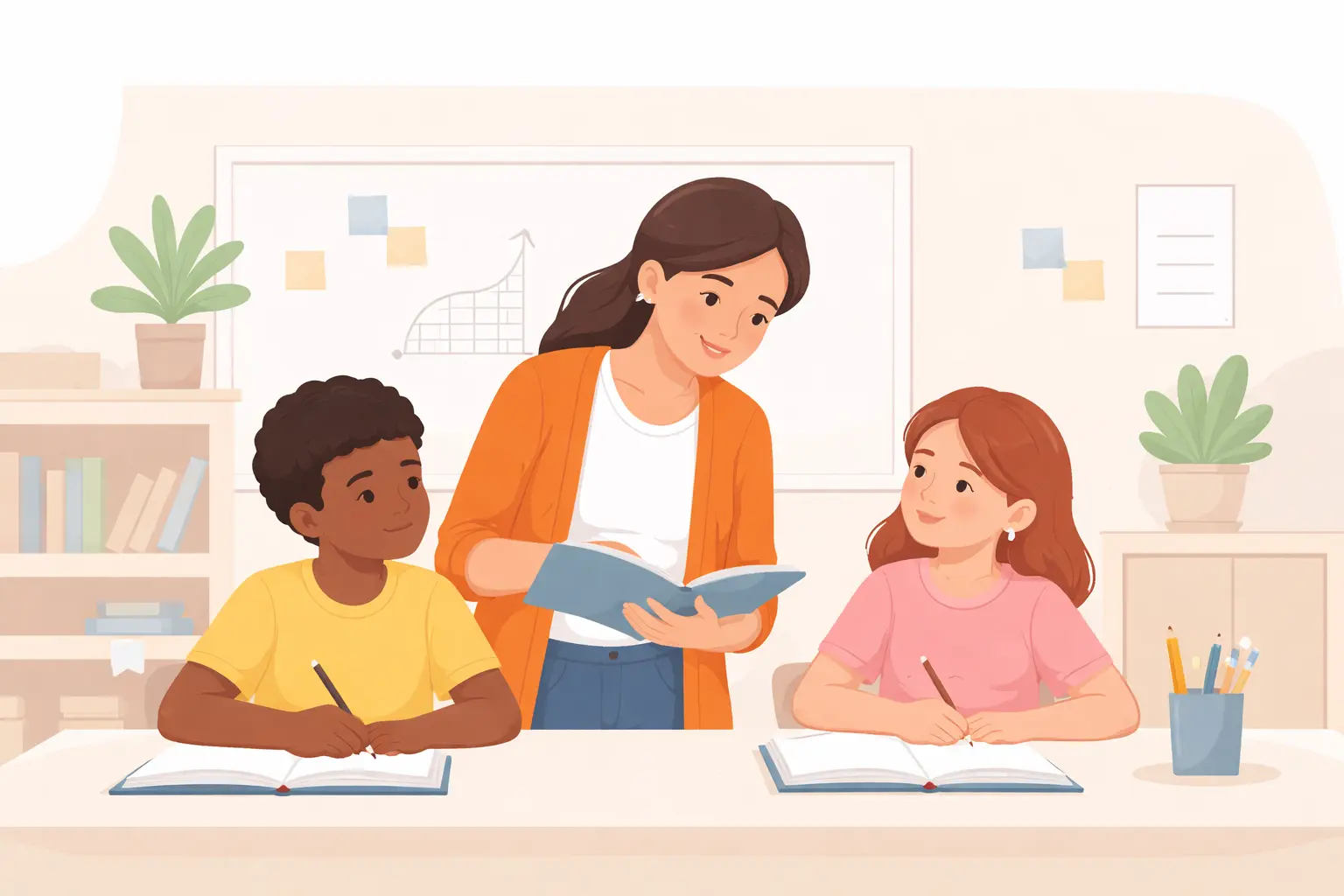 Teaching assistant helping two students with classwork in a modern classroom setting