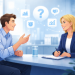 Animated realistic interview scene showing a confident candidate asking thoughtful questions to a hiring manager in a professional office setting