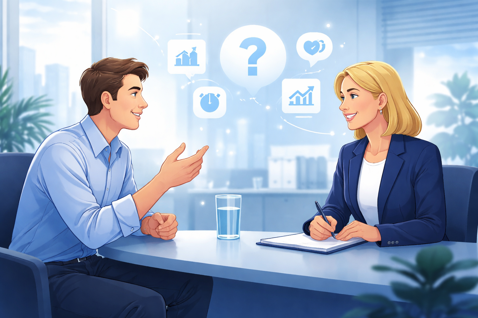 Animated realistic interview scene showing a confident candidate asking thoughtful questions to a hiring manager in a professional office setting