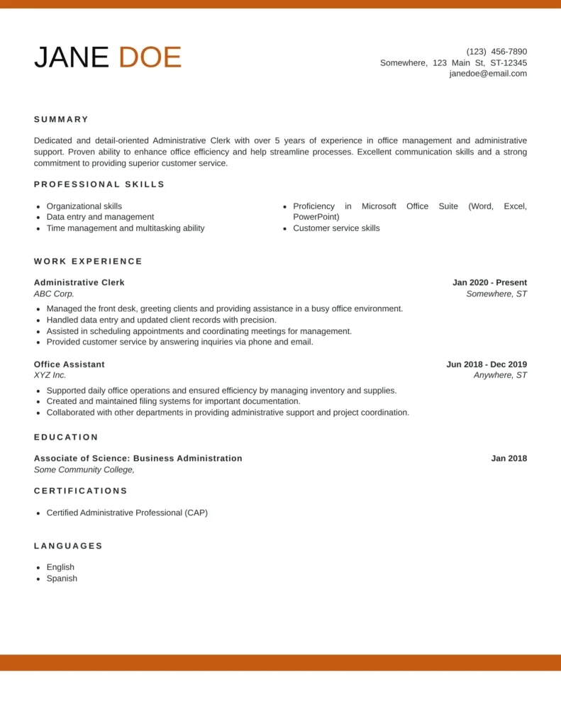 Administrative clerk resume template with simple layout featuring office support experience, data entry, and organizational skills