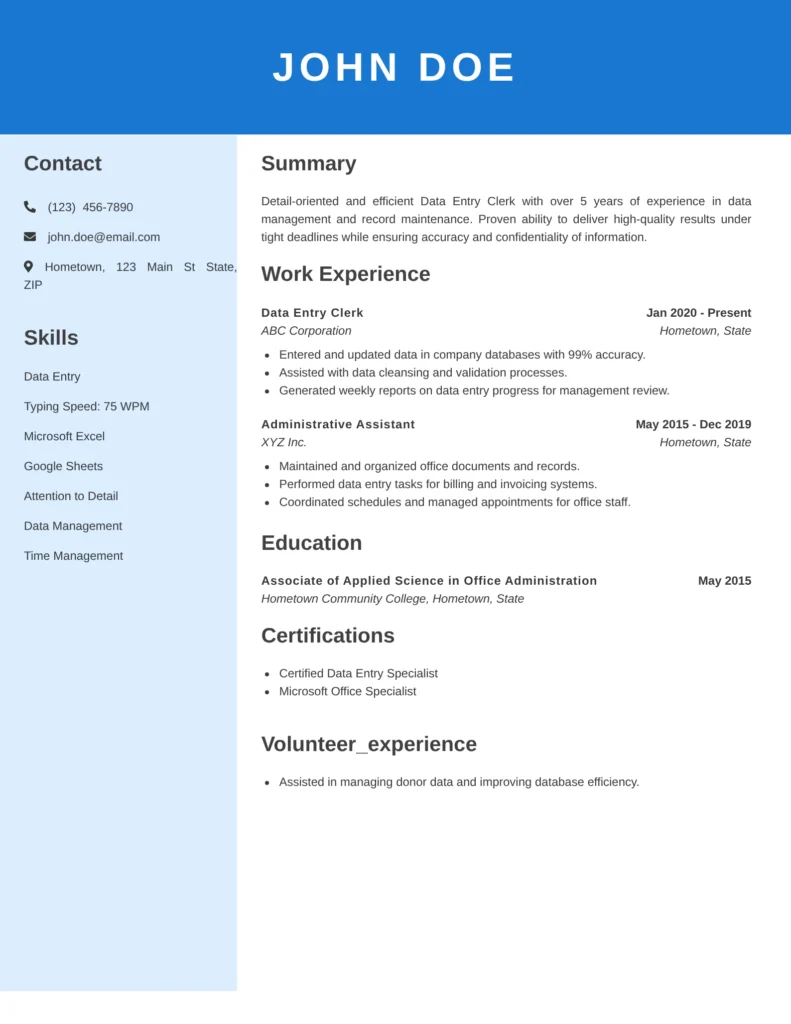 Data entry clerk resume template with two-column layout highlighting typing accuracy, data management, and technical skills
