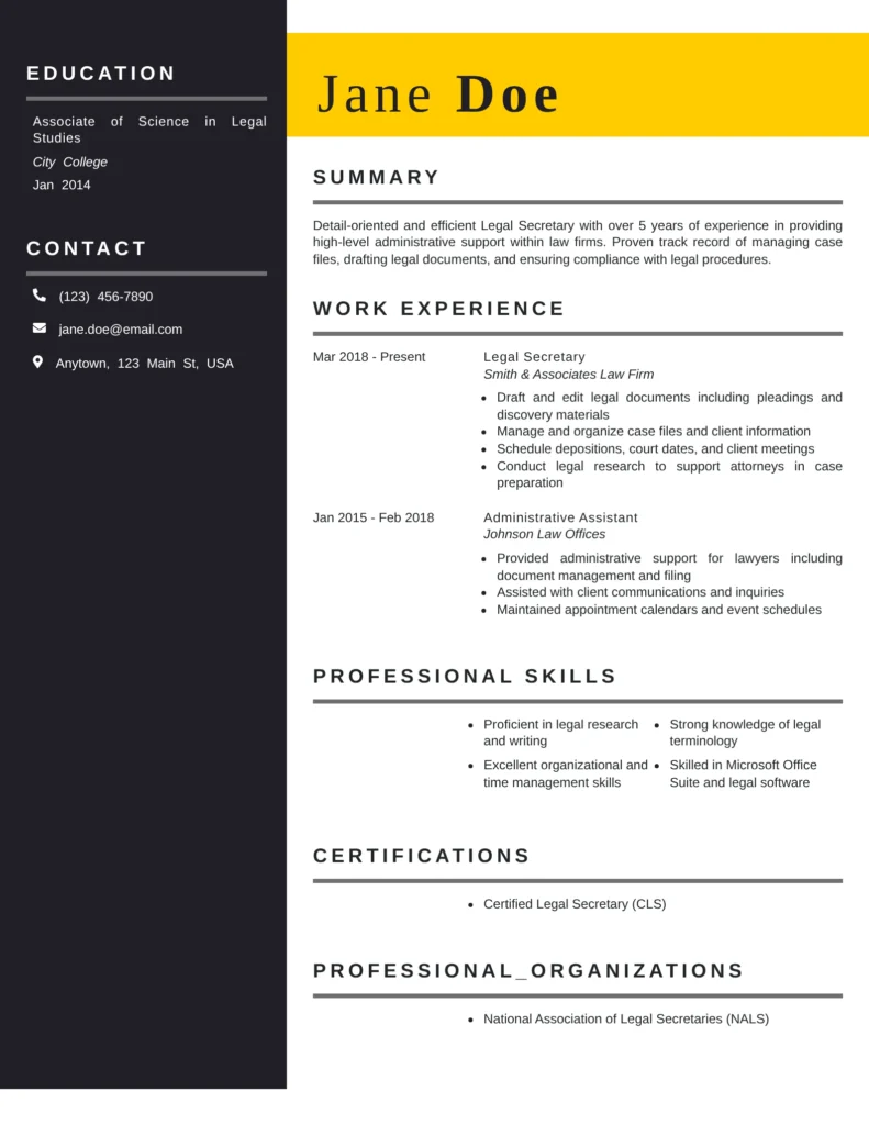 Legal secretary resume template with structured layout showcasing legal experience, certifications, and document management skills
