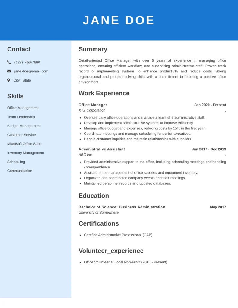 Office manager resume template with modern layout emphasizing leadership, operations management, and administrative experience