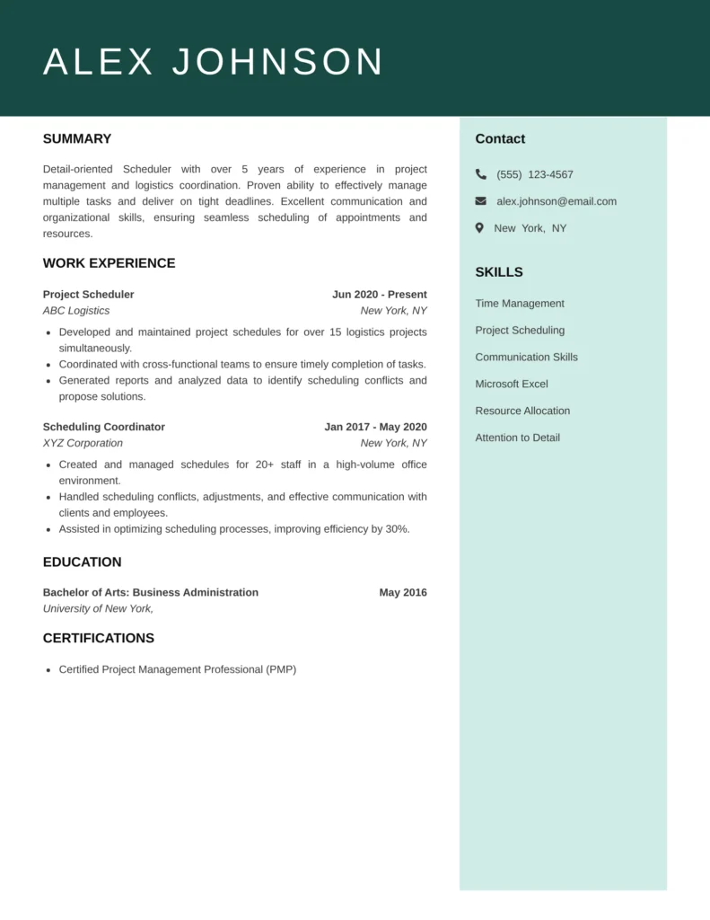 Scheduler resume template with professional format showcasing scheduling experience, coordination skills, and time management expertise