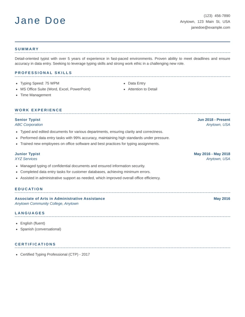 Typist resume template with clean professional layout highlighting typing speed, work experience, and administrative skills