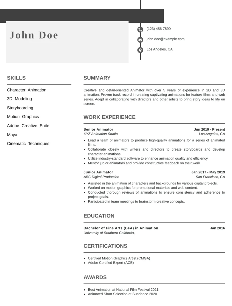 professional animator resume template with clean ATS-friendly layout for 2D animator, 3D artist, and motion graphics designer jobs.