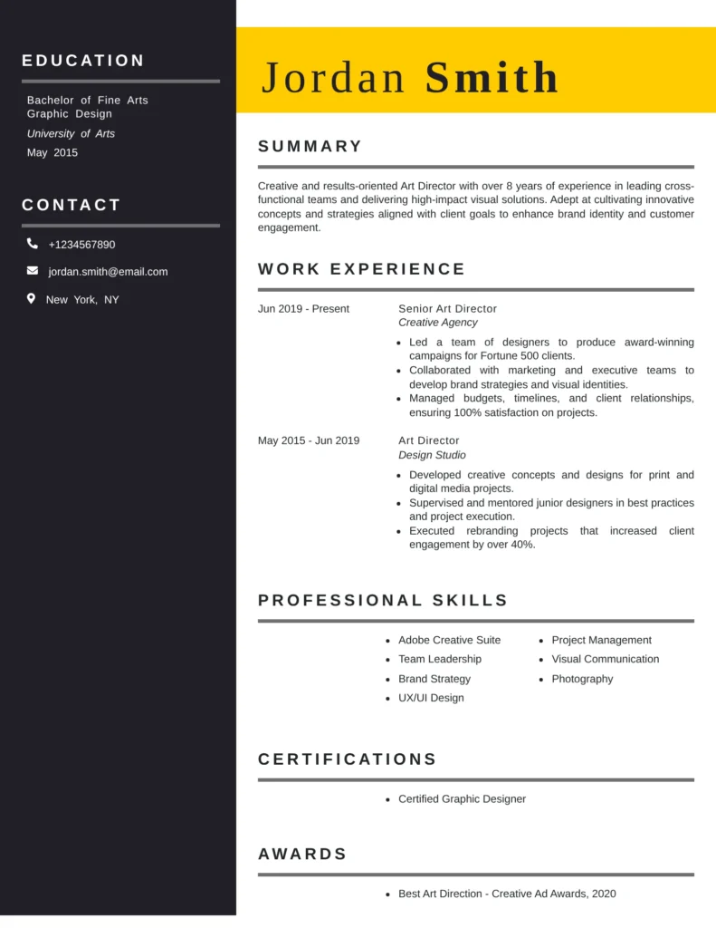 creative art director resume template in Word with premium modern design for senior graphic design and creative leadership roles.