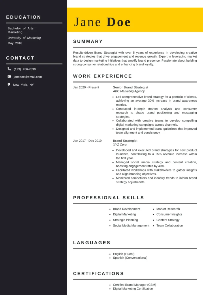professional brand strategist resume template with modern two-column layout for digital marketing and branding professionals.