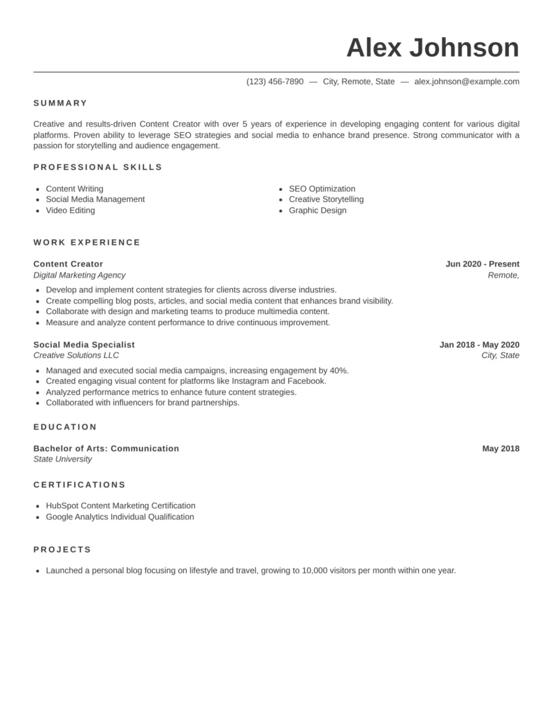 modern content creator resume template in Word with clean professional layout for digital marketing and social media careers