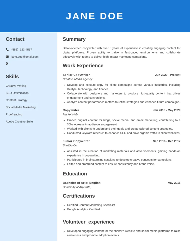 ATS-friendly copywriter resume template in Microsoft Word for content writer, SEO specialist, and marketing professional resumes.