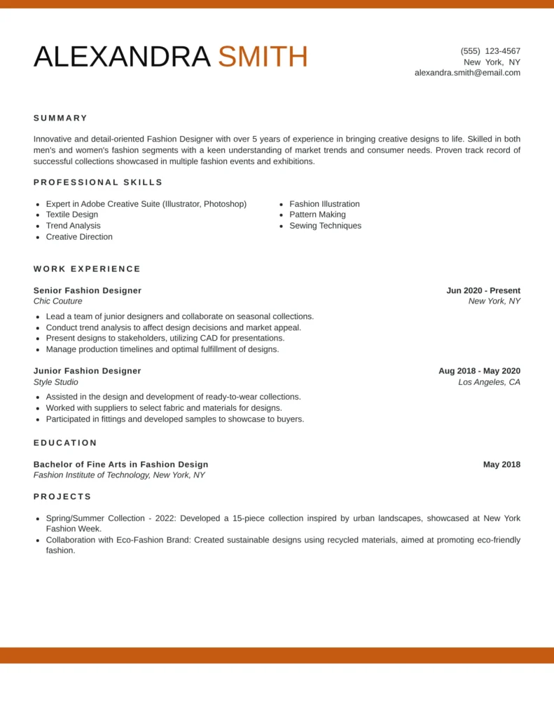 modern fashion designer resume template in Word for apparel design, textile design, and creative fashion industry careers