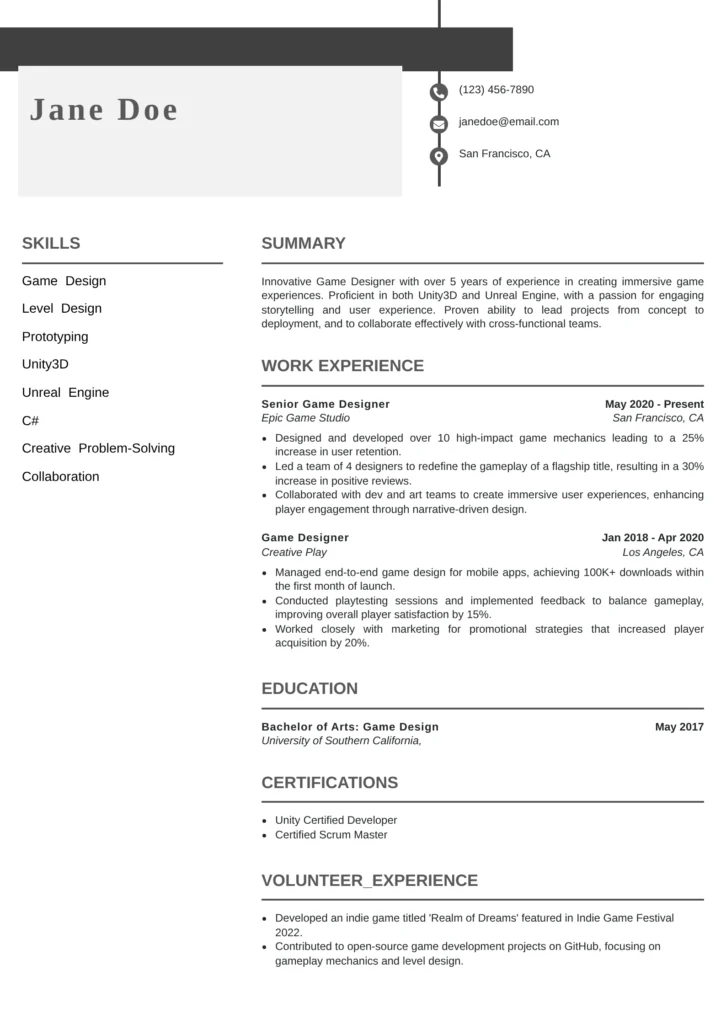 modern game designer resume template with creative sidebar layout for video game development and level design careers