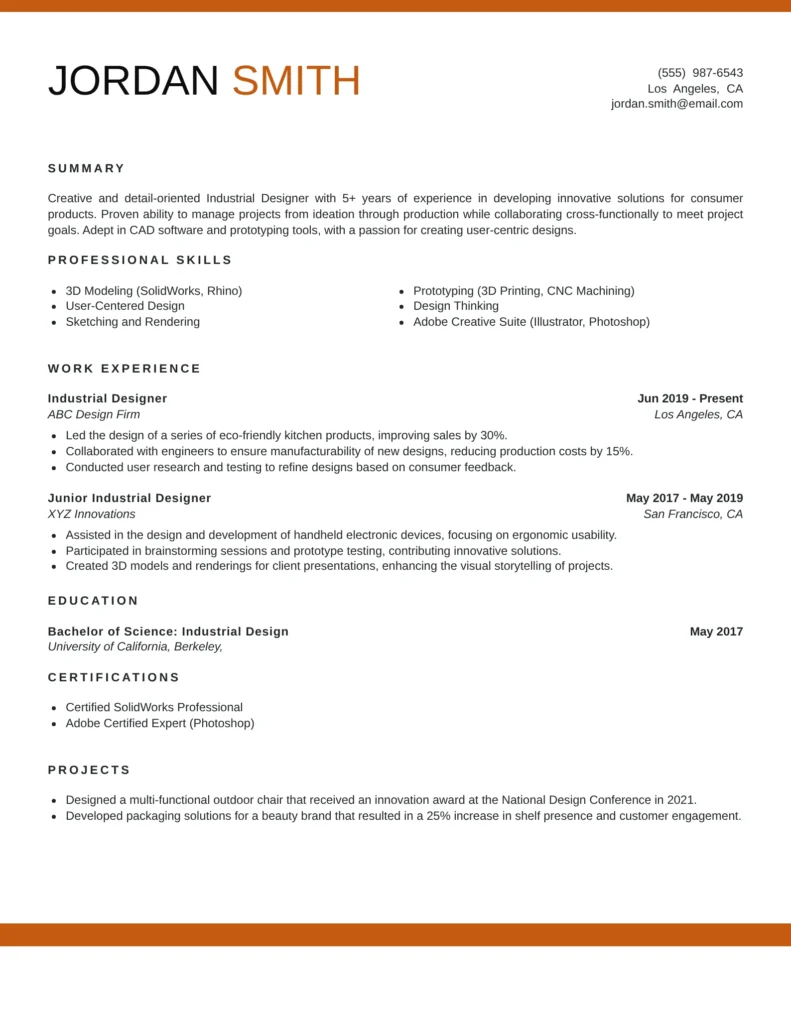 ATS-friendly industrial designer resume template featuring minimalist layout for product design and CAD engineering professionals