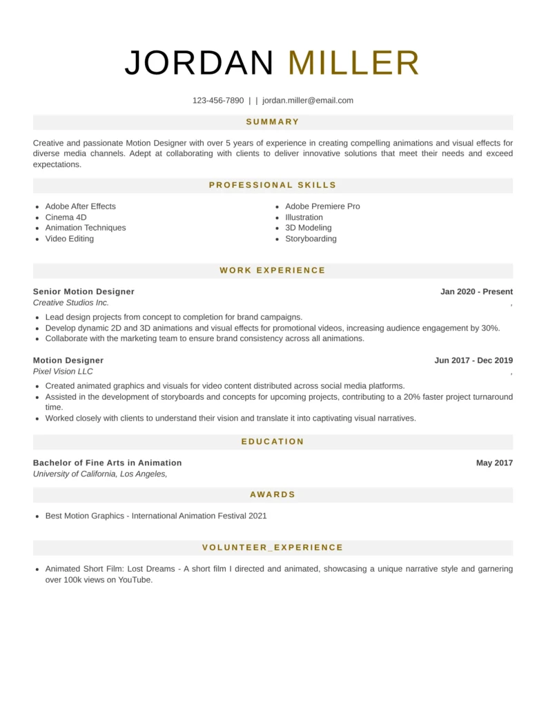 creative motion designer resume template with modern professional layout for animation, video editing, and multimedia design careers