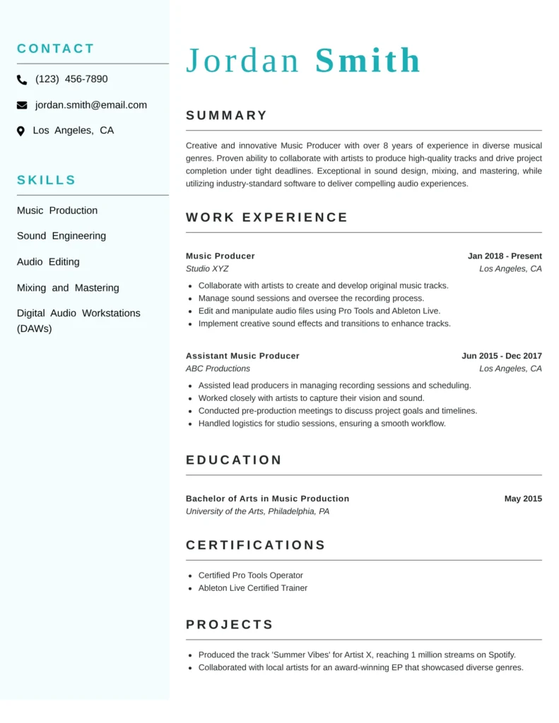 modern music producer resume template in Word with creative sidebar design for audio production and sound engineering careers.
