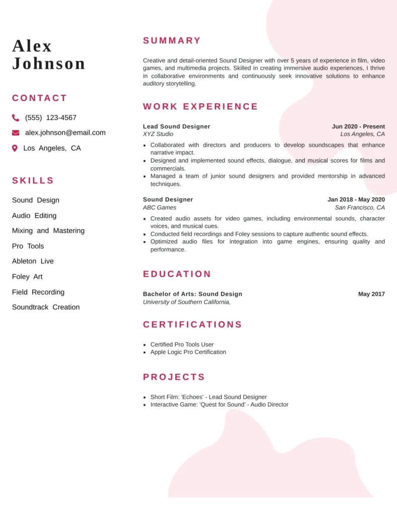 modern sound designer resume template in Word format with creative two-column layout for audio engineer and multimedia professionals.