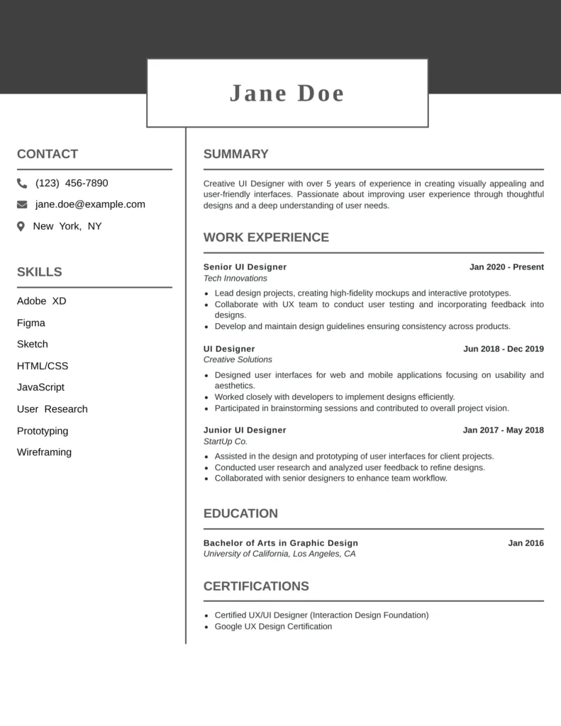 modern UI designer resume template with elegant sidebar layout for UX designer, product designer, and web interface jobs