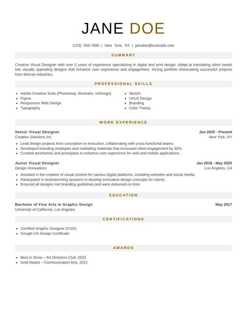 elegant visual designer resume template with minimalist professional layout for graphic designer and UI UX designer resumes.