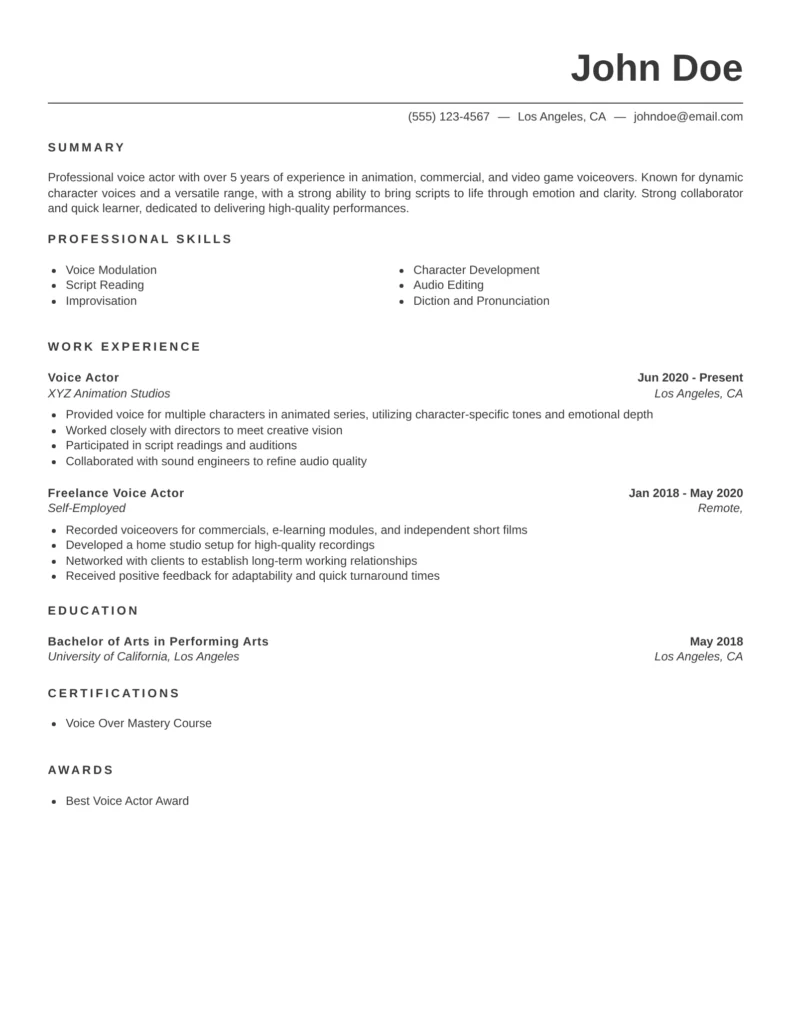 professional voice actor resume template in Word for animation, dubbing, commercial voiceover, and audio performance careers
