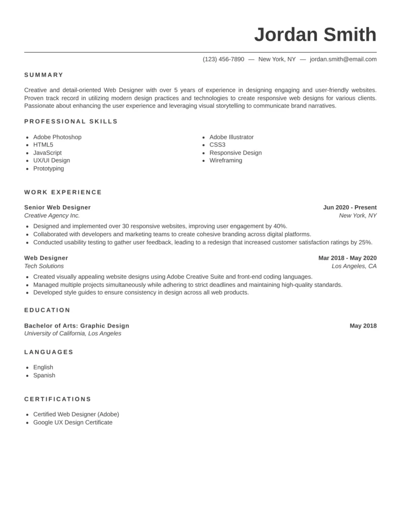clean web designer resume template in Microsoft Word for front-end developer, UI UX, and responsive website design careers