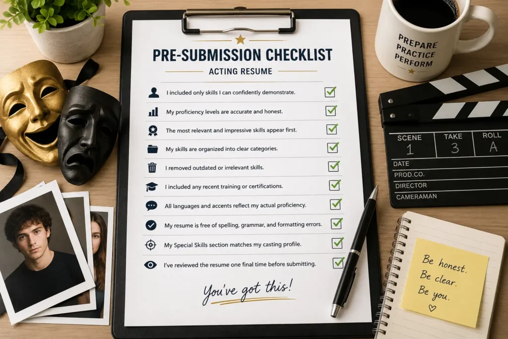 Special skills for acting resume submission checklist featuring a completed acting resume checklist with theater masks, a clapperboard, actor headshots, and a pen for final review before auditions.