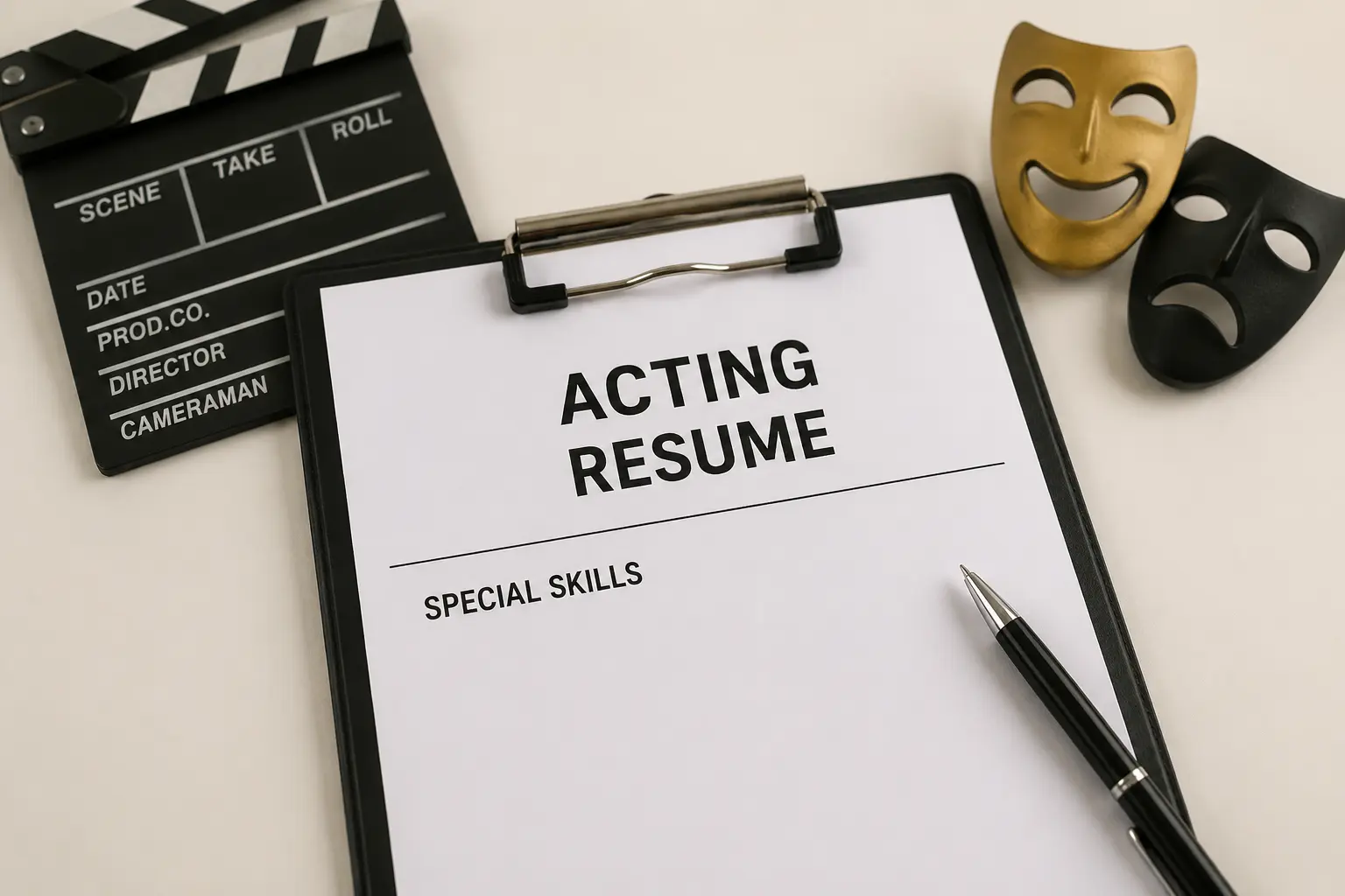 Special skills for acting resume featuring an acting resume on a clipboard with a film clapperboard, theater masks, and a pen, representing the unique talents and qualifications actors can showcase on their resumes.