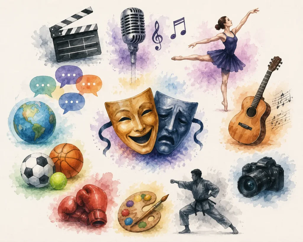 Illustration showcasing special skills for acting resume examples, including singing, dancing, musical instruments, sports, martial arts, photography, painting, multilingual communication, and performance arts.