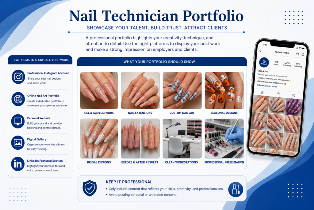 Professional infographic illustrating a nail technician portfolio guide with examples of gel and acrylic nails, custom nail art, nail extensions, bridal and seasonal designs, portfolio platforms, and a clean salon workstation in a blue and white color theme.