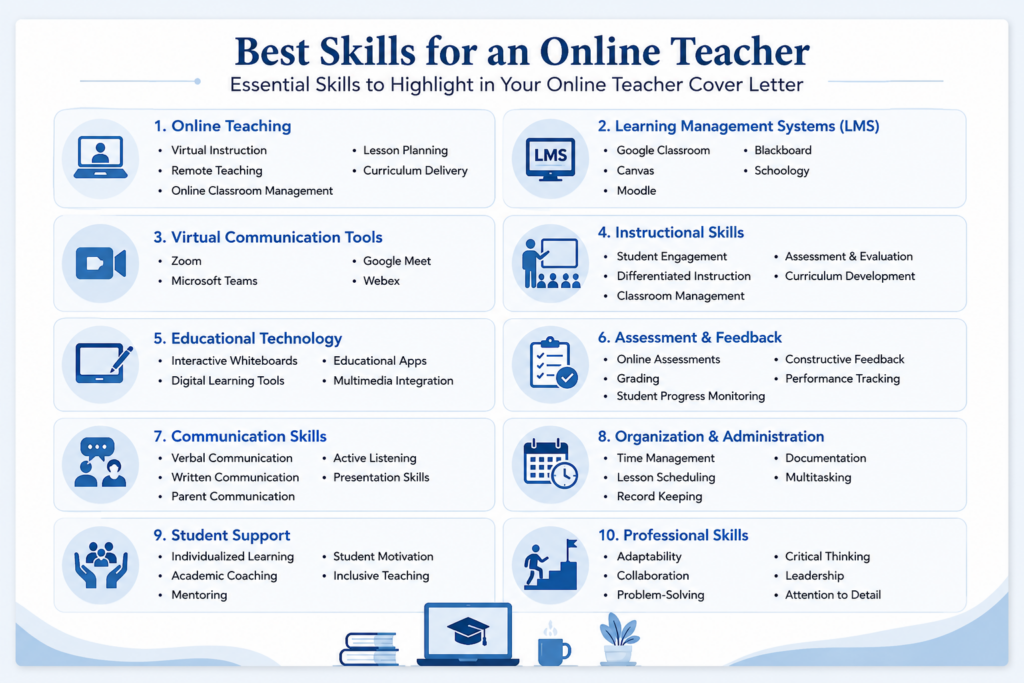 Professional blue and white infographic illustrating the best skills for an Online Teacher Cover Letter, featuring icons representing virtual teaching, learning management systems, online communication tools, instructional strategies, educational technology, student assessment, communication, organization, student support, and professional development in a clean, formal layout.