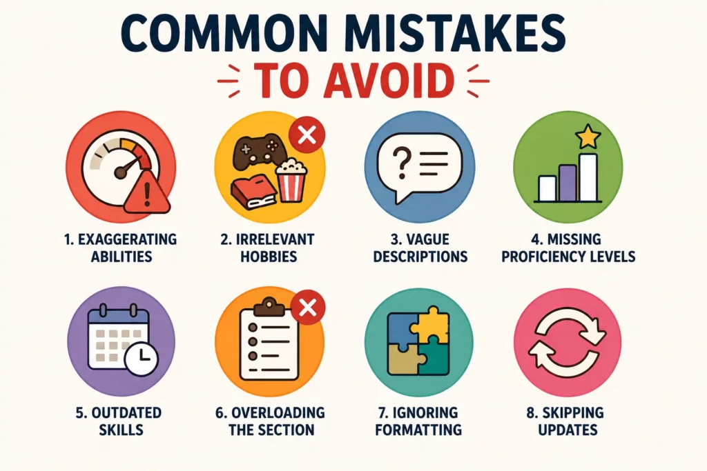 Infographic highlighting common mistakes to avoid in special skills for acting resume, including exaggerating abilities, using vague descriptions, listing irrelevant skills, and failing to update proficiency levels.