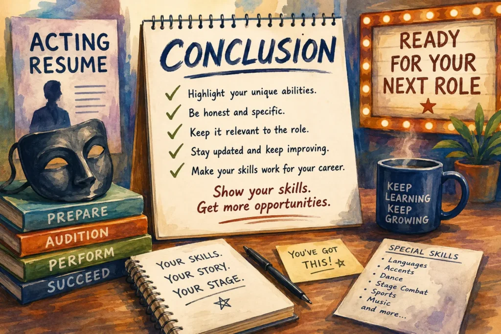 Special skills for acting resume final tips illustration highlighting how to present relevant acting skills, stay updated, and prepare a casting-ready resume for future opportunities.