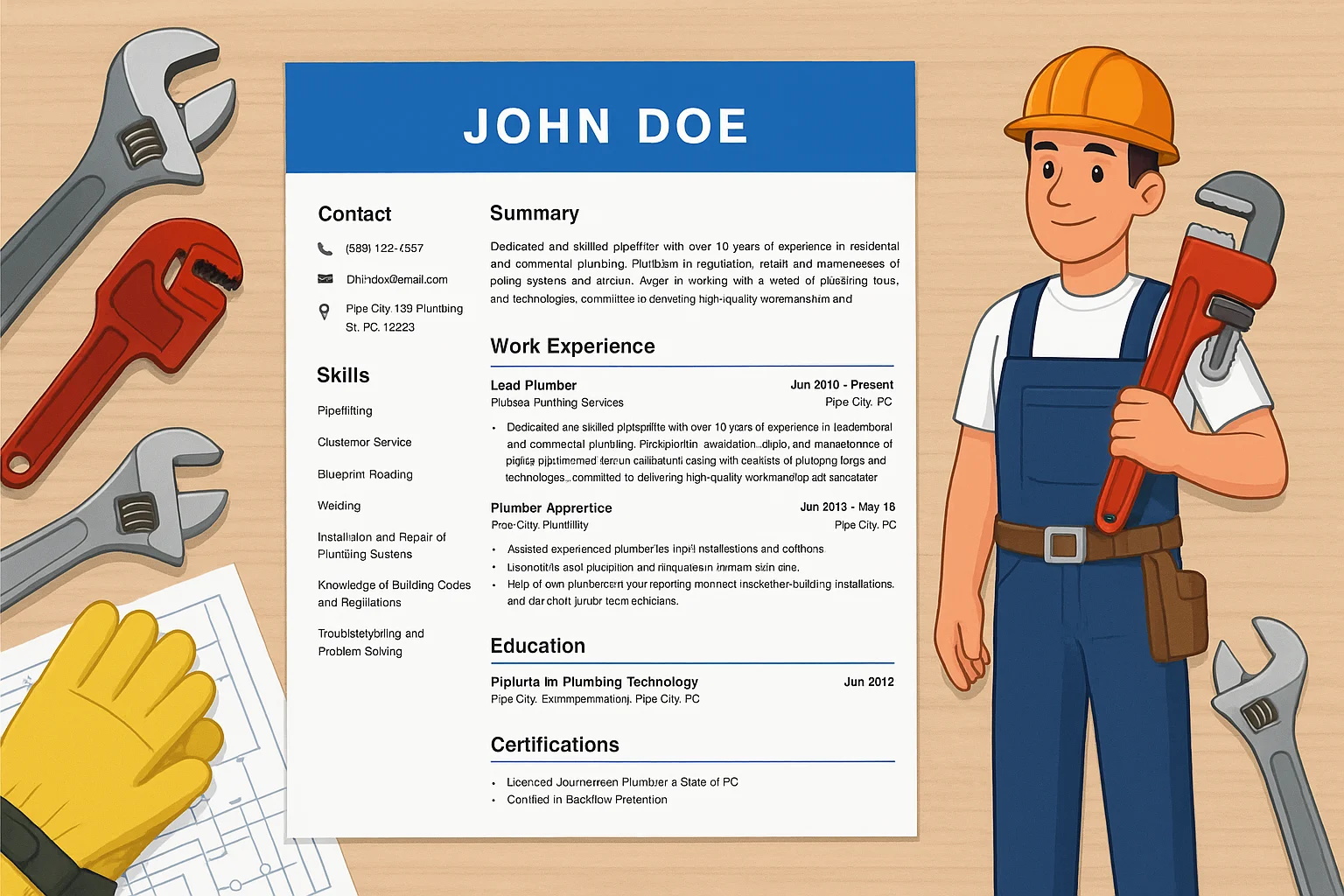 Animated pipefitter professional standing beside a pipefitter resume with tools and blueprint elements on a wooden desk.
