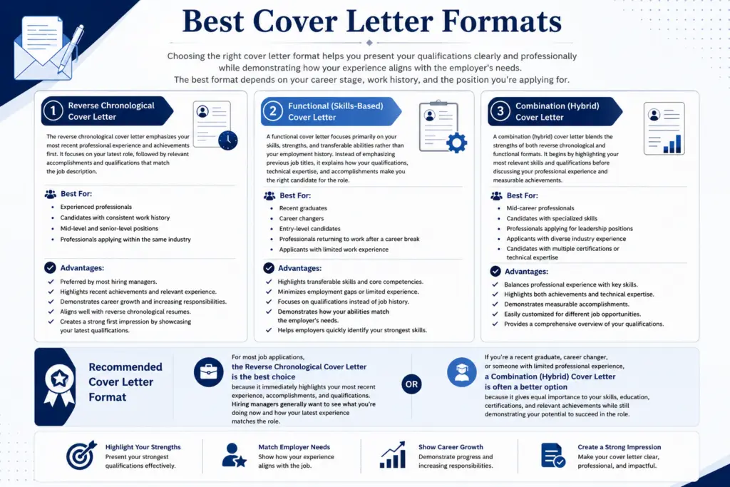 Professional infographic comparing the three best cover letter formats—Reverse Chronological, Functional (Skills-Based), and Combination (Hybrid)—using a clean navy blue and white theme with document icons, organized sections, and visual elements illustrating career progression, transferable skills, and professional qualifications for modern job applications.