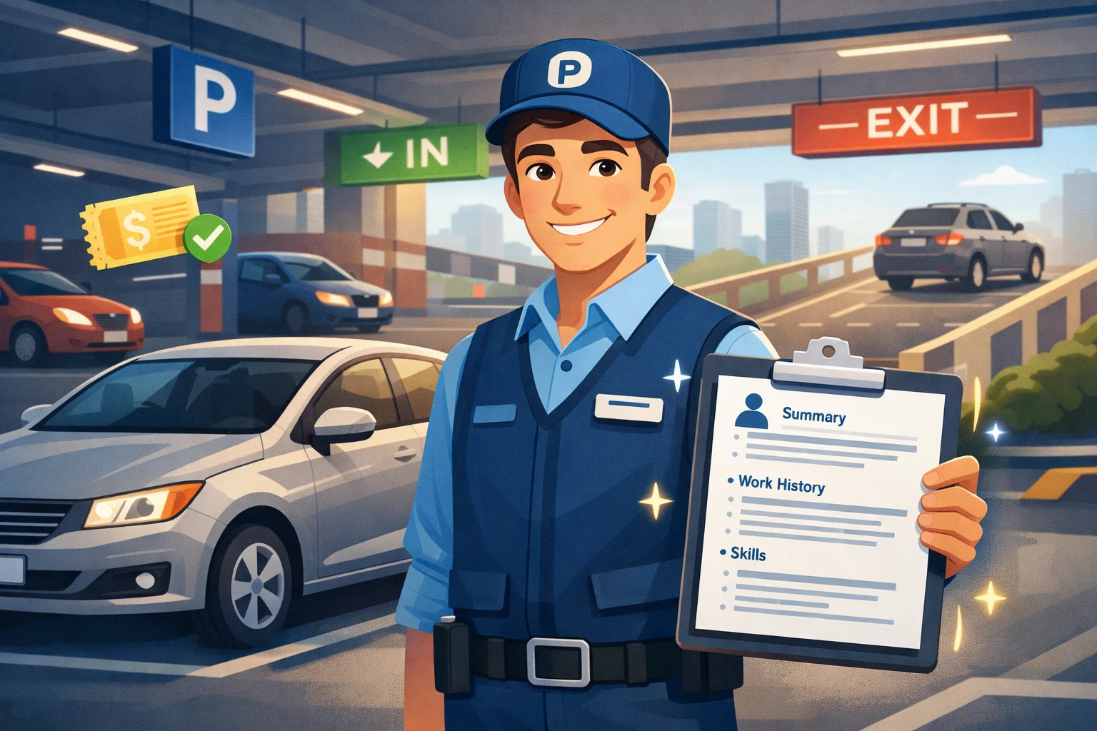 Parking Attendant Resume Examples illustrated with an animated parking attendant holding a professional resume in a modern parking facility