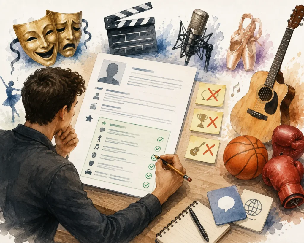 Illustration showing how to list special skills for acting resume, featuring an actor reviewing a resume alongside icons for acting, singing, dancing, sports, martial arts, music, and communication skills.
